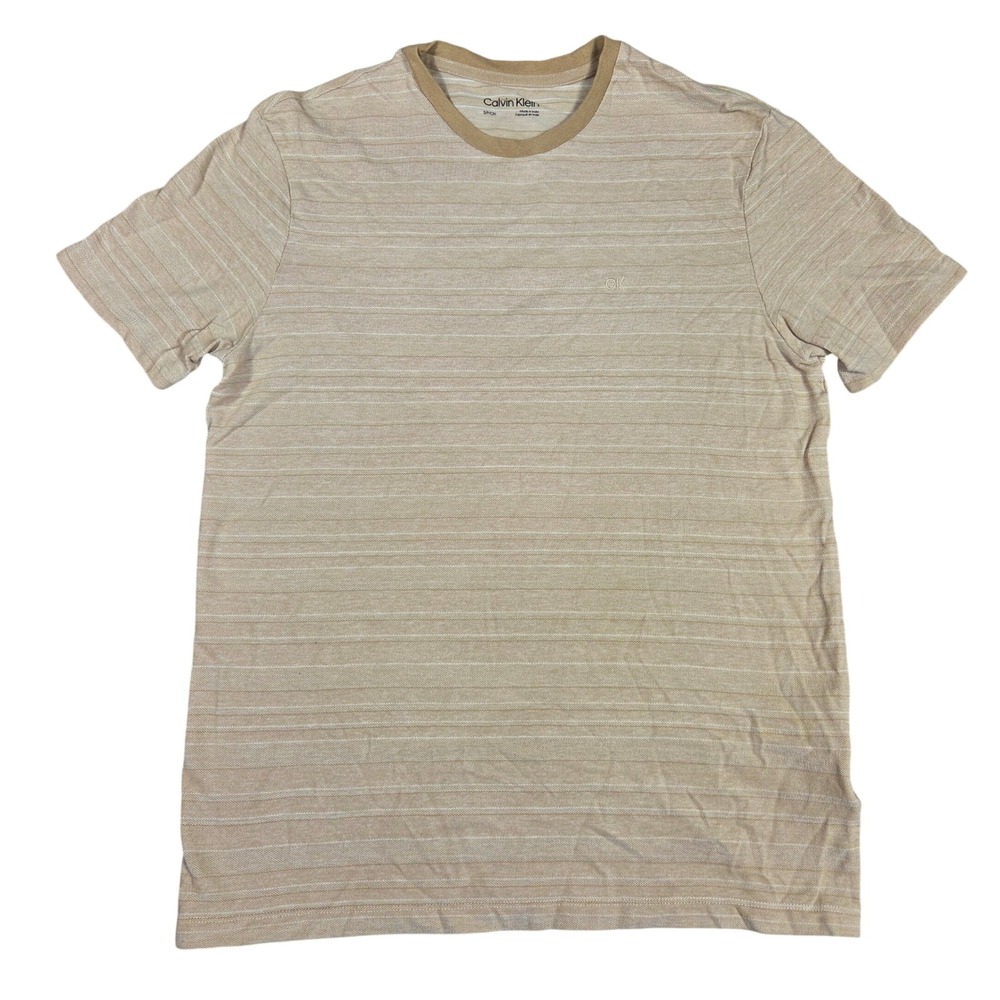 Calvin Klein Mens Small Beige Tan Striped Cotton Crew Neck T-Shirt Casual